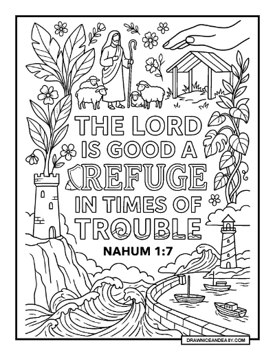 Nahum 1:7 The Lord is Good Bible Verse Coloring Page – Free PDF coloring page preview