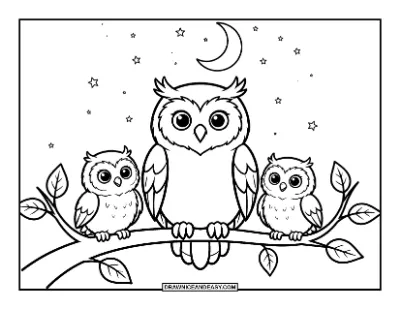 Owl Family on Branch Coloring Page coloring page preview
