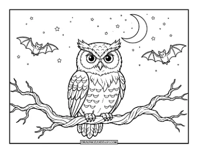 Owl on Branch Halloween Night Coloring Page coloring page preview