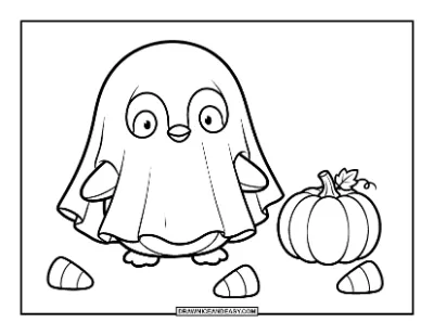Penguin in Ghost Costume Coloring Page coloring page preview