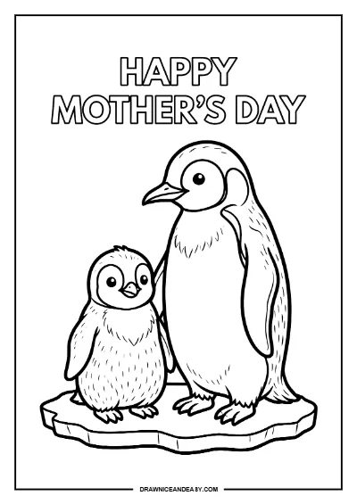 Penguin Mother Baby Mother's Day Coloring Page – Free PDF coloring page preview