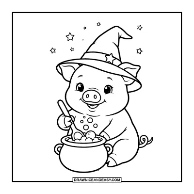 Pig Dressed as a Witch Coloring Page coloring page preview