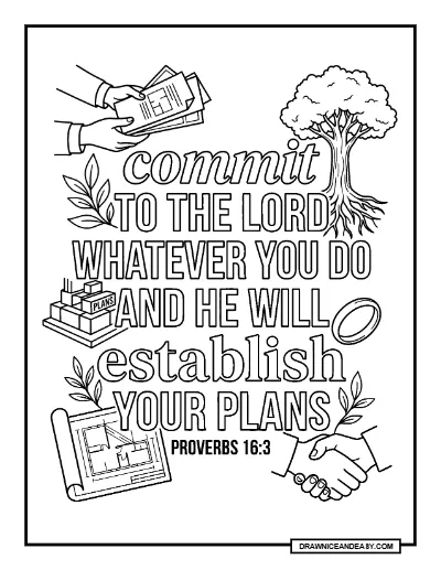 Proverbs 16:3 Commit to the Lord Bible Verse Coloring Page – Free PDF coloring page preview