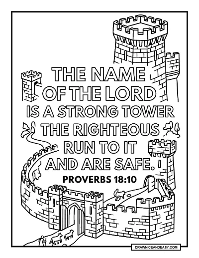 Proverbs 18:10 The Name of the Lord is a Strong Tower Bible Verse Coloring Page – Free PDF coloring page preview