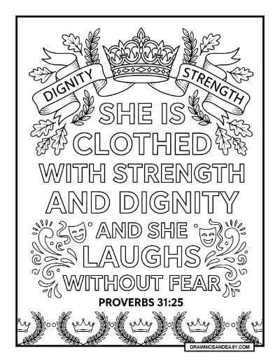 Proverbs 31:25 She Is Clothed With Strength Bible Verse Coloring Page – Free PDF coloring page preview