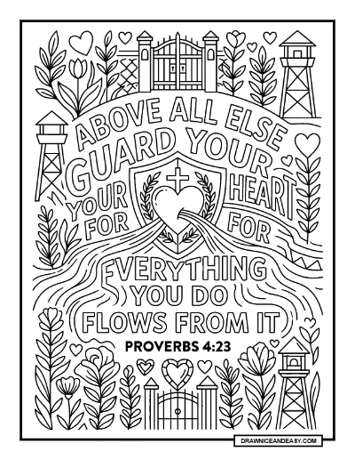 Proverbs 4:23 Guard Your Heart Bible Verse Coloring Page – Free PDF coloring page preview