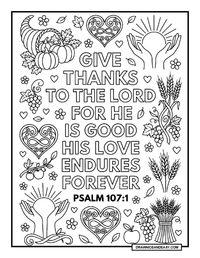 Psalm 107:1 Give Thanks to the Lord Bible Verse Coloring Page – Free PDF coloring page preview