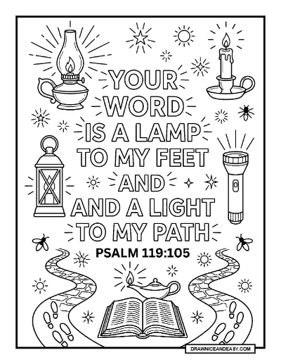 Psalm 119:105 Thy Word is a Lamp Bible Verse Coloring Page – Free PDF coloring page preview