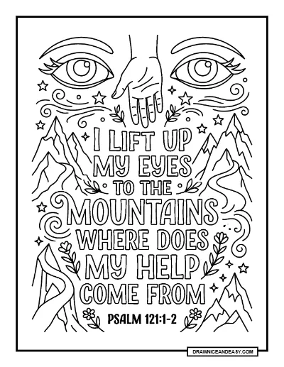 Psalm 121:1-2 I Lift Up My Eyes Bible Verse Coloring Page – Free PDF coloring page preview