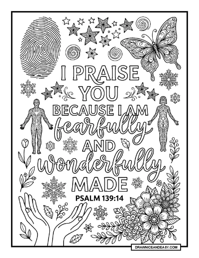 Psalm 139:14 I Am Fearfully and Wonderfully Made Bible Verse Coloring Page – Free PDF coloring page preview