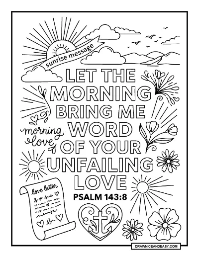 Psalm 143:8 Let the Morning Bring Me Word of Your Unfailing Love Bible Verse Coloring Page – Free PDF coloring page preview
