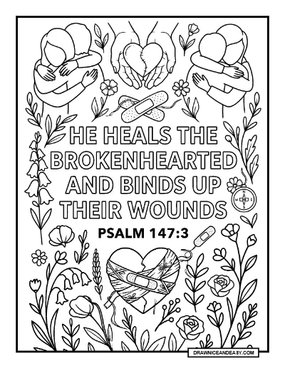 Psalm 147:3 He Heals the Brokenhearted Bible Verse Coloring Page – Free PDF coloring page preview
