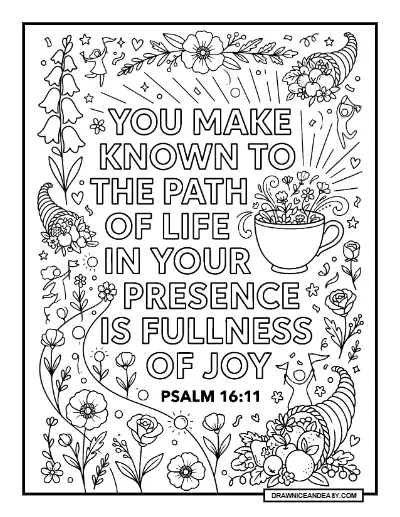 Psalm 16:11 In Your Presence Bible Verse Coloring Page – Free PDF coloring page preview