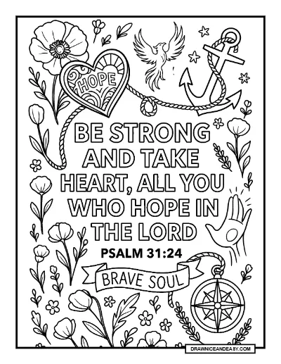 Psalm 31:24 Be Strong and Courageous Bible Verse Coloring Page – Free PDF coloring page preview