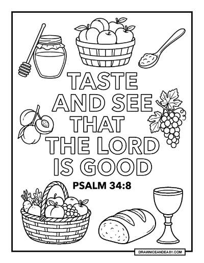 Psalm 34:8 Taste and See Bible Verse Coloring Page – Free PDF coloring page preview