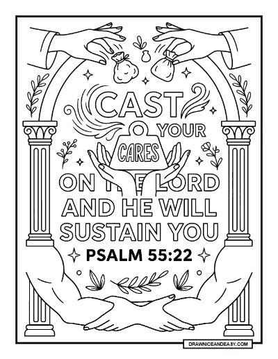 Psalm 55:22 Cast Your Burden on the Lord Bible Verse Coloring Page – Free PDF coloring page preview