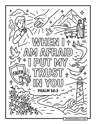 Psalm 56:3 When I Am Afraid Bible Verse Coloring Page – Free PDF coloring page preview