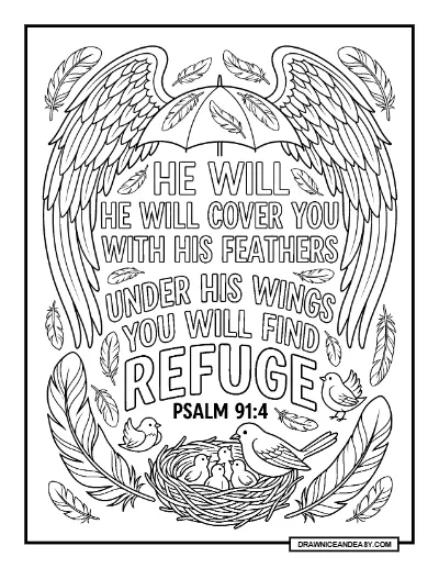 Psalm 91:4 He Will Cover You With His Feathers Bible Verse Coloring Page – Free PDF coloring page preview
