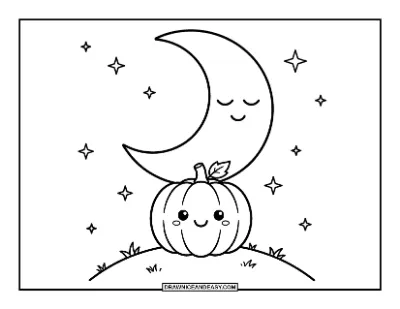 Pumpkin Night Scene with Moon and Stars Coloring Page coloring page preview