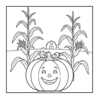 Pumpkin with Corn Stalks Coloring Page coloring page preview