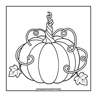 Pumpkin with Vines and Leaves Coloring Page coloring page preview