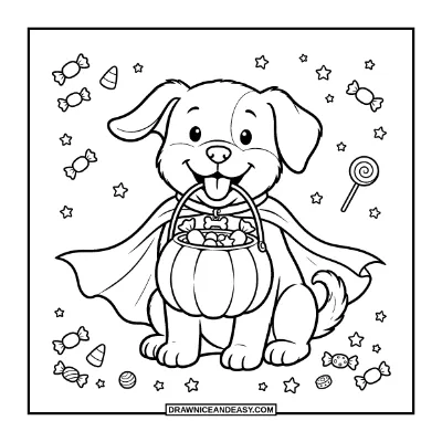 Puppy Trick-or-Treating Coloring Page coloring page preview