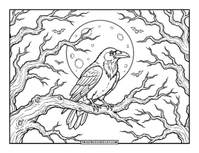 Raven on Dead Tree Coloring Page coloring page preview