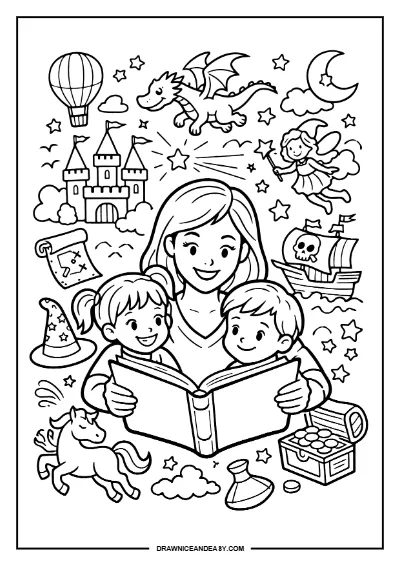 Reading Mom with Kids Mother's Day Coloring Page – Free PDF coloring page preview