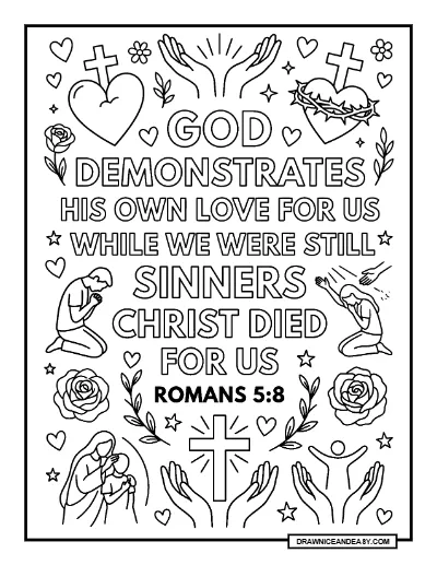 Romans 5:8 God Demonstrates His Love Bible Verse Coloring Page – Free PDF coloring page preview