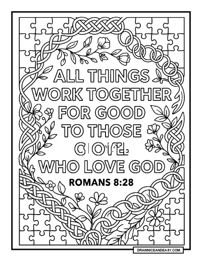 Romans 8:28 All Things Work Together Bible Verse Coloring Page – Free PDF coloring page preview