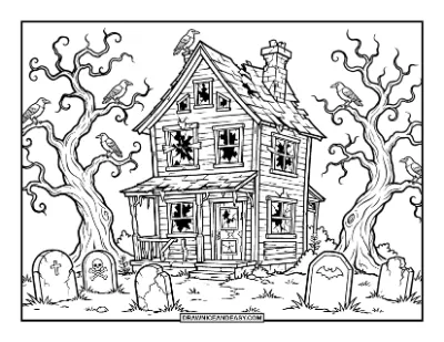 Scary Haunted House with Dead Trees Coloring Page coloring page preview