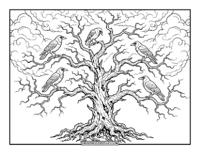 Skeletal Dead Tree with Crows coloring page preview