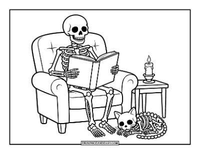 Skeleton Reading a Book Coloring Page coloring page preview