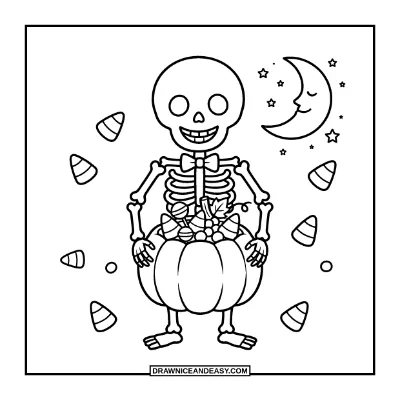 Skeleton Trick or Treat Coloring Page coloring page preview