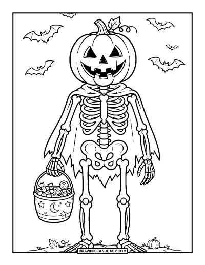 Skeleton with Pumpkin Head Coloring Page coloring page preview