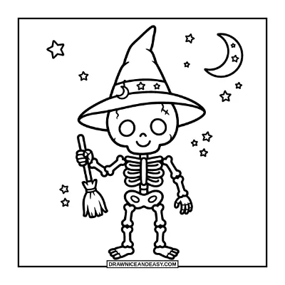 Skeleton with Witch Hat Coloring Page coloring page preview