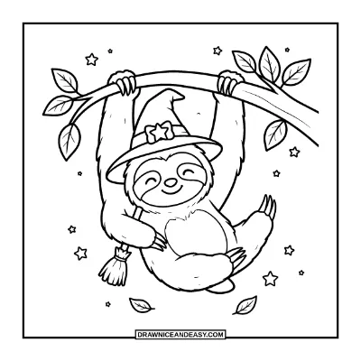 Sloth Dressed as a Witch Coloring Page coloring page preview