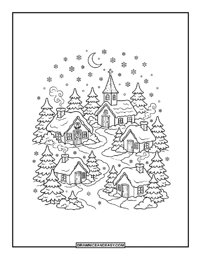 Snowy Christmas Village Coloring Page coloring page preview