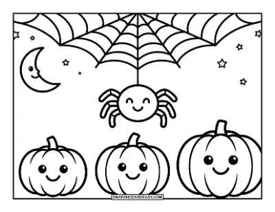 Spider on a Web Above Smiling Pumpkins Coloring Page coloring page preview