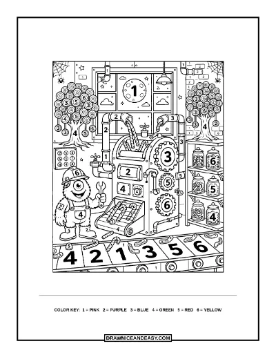 Spooky Candy Factory Color by Number Coloring Page coloring page preview
