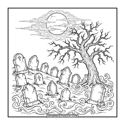 Spooky Graveyard at Night coloring page preview