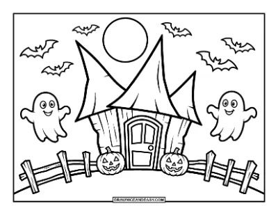 Spooky Haunted House with Ghosts and Bats Coloring Page coloring page preview