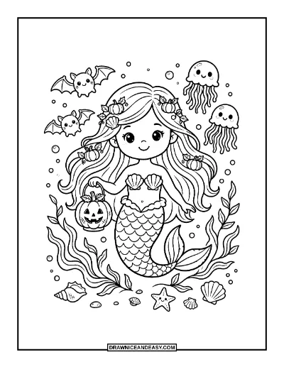 Spooky Mermaid Coloring Page coloring page preview