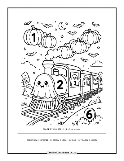 Spooky Train Color by Number Coloring Page coloring page preview