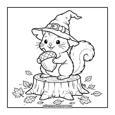 Squirrel Wearing a Witch Hat Coloring Page coloring page preview