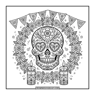 Sugar Skull Fiesta Scene Coloring Page coloring page preview