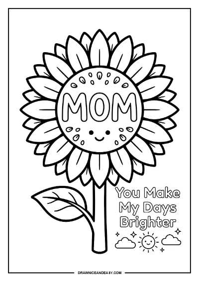 Sunflower Mom Mother's Day Coloring Page – Free PDF coloring page preview