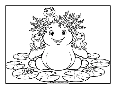 Swamp Creature with Frog Friends coloring page preview