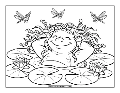 Swamp Monster Relaxing in a Lily Pond coloring page preview