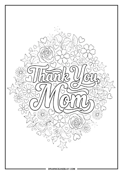 Thank You Mom Floral Mother's Day Coloring Page – Free PDF coloring page preview